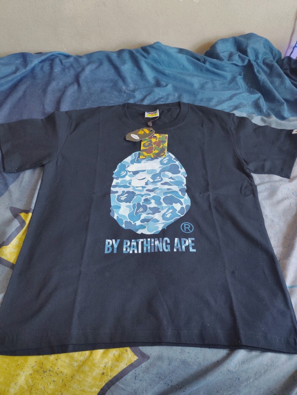 Bape Kids Black Tee with Blue Camo Ape Head